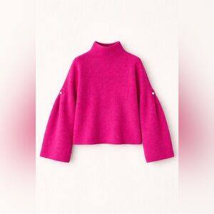 River Island Pearl Pierced Mock Neck Bell Sleeve Sweater | Hot Pink (S)